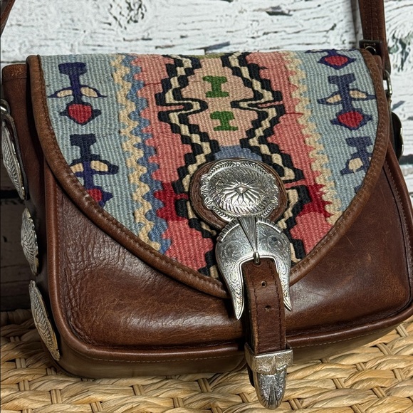 Handmade vintage western Aztec pattern Brown Leather Crossbody Bag with tapestry - Picture 2 of 14